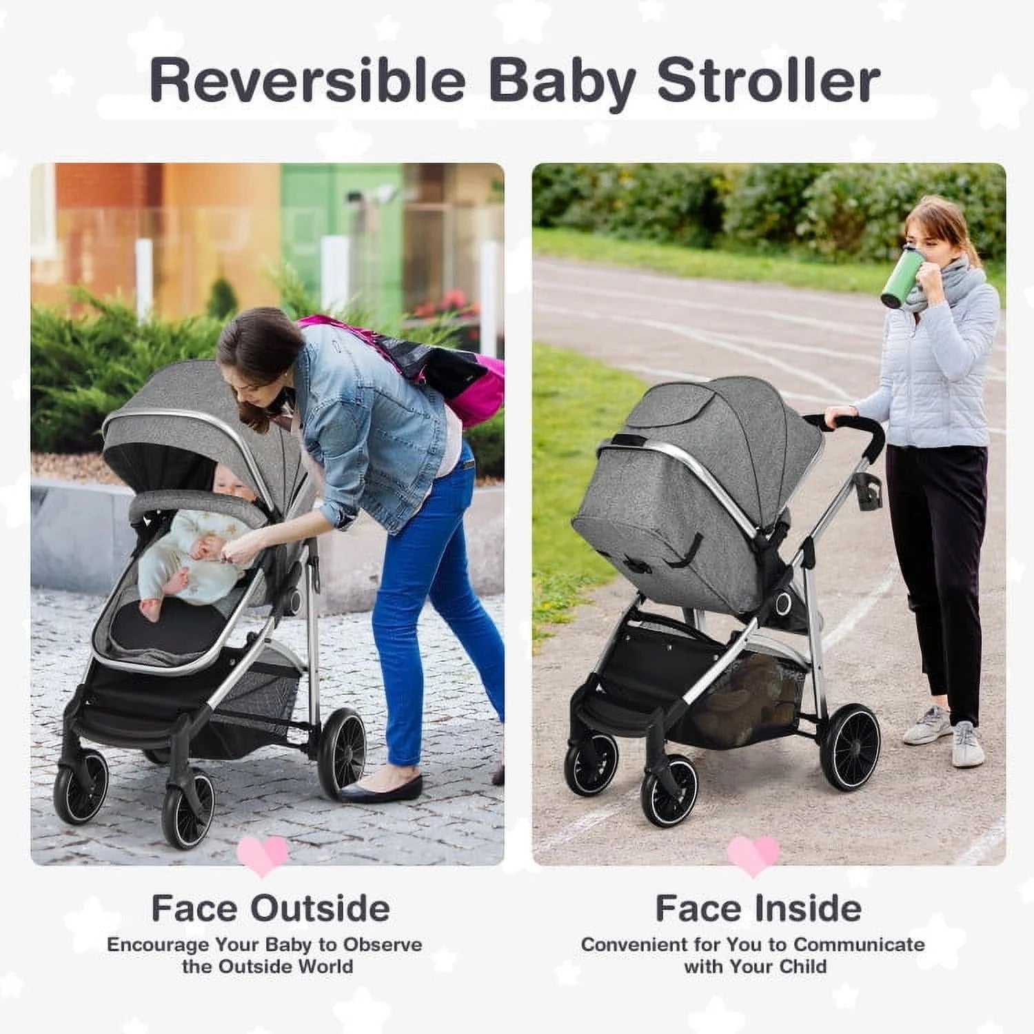 2-In-1 Convertible Baby Stroller with Reversible Seat-Gray, Summer Stroller for Infant & Toddler